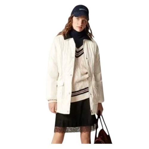 J. Crew Puffer Barn Jacket With Primaloft Cream Black Collar Zip Snap Close M